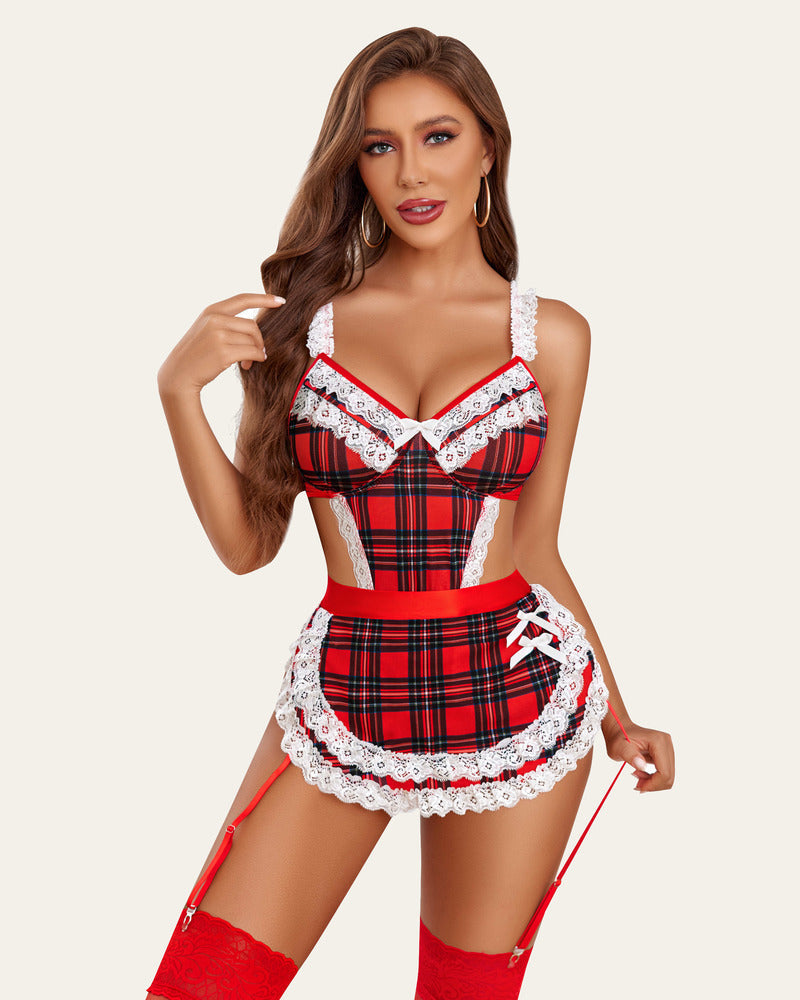 Red plaid and white lace French maid outfit with apron-style skirt and garter accents