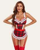 Red plaid lace lingerie set with bust cups, ribbon belt, and garter straps