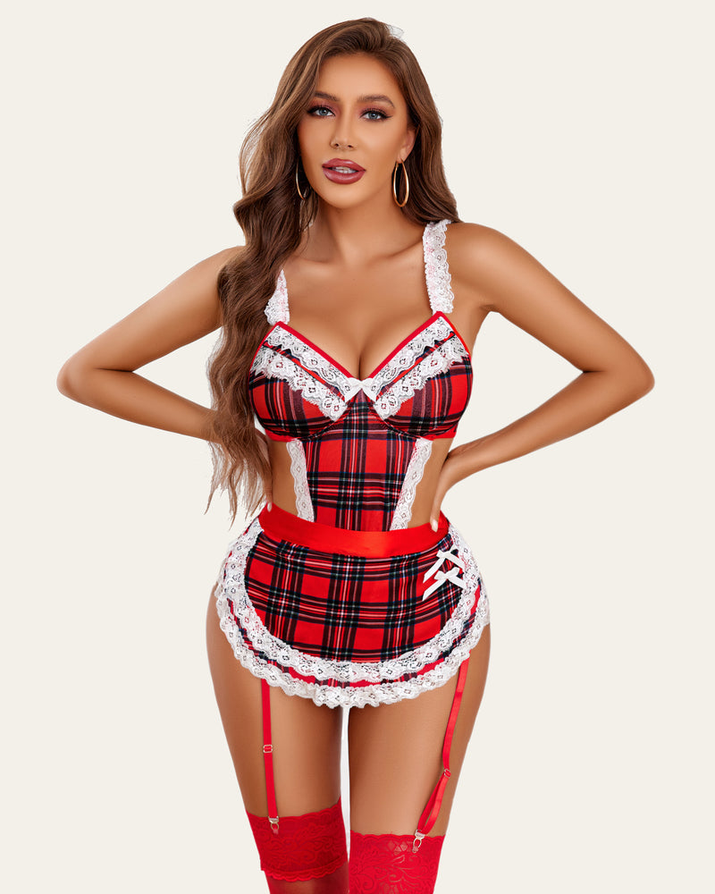 Red plaid lace teddy with white lace trim, layered mini skirt ruffle, and garters