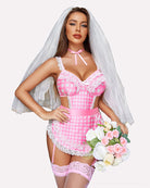 Pink plaid lace maid outfit with ribbon neck tie, lace trim, and matching garter set