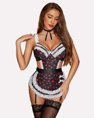 Black heart print lace maid teddy with white trim, garter straps, and thigh-highs