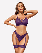 3-piece lingerie set in purple mesh bra and panty with garter straps