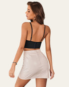 Black lace bustier corset cami top with open back, thin straps, lace trim