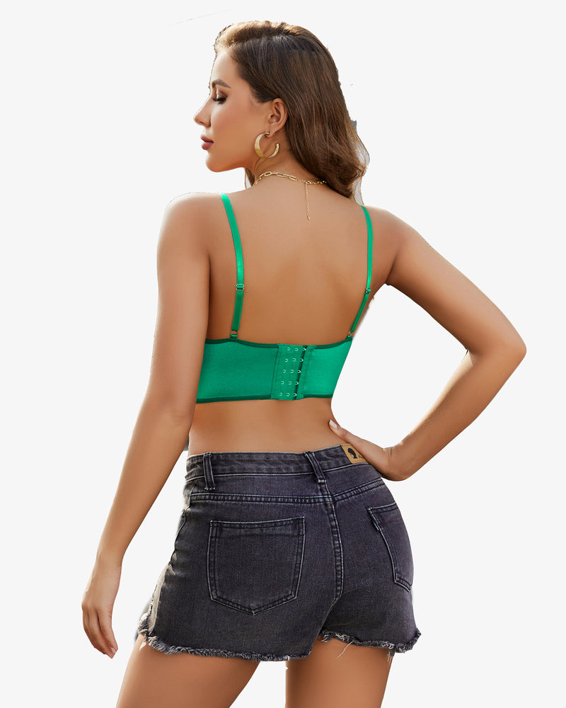 Green lace bustier corset cami top, back view with buttoned closure and thin straps