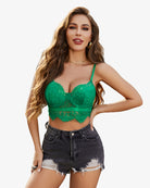 Green lace bustier corset cami top with V-neck lace cups and underbust band