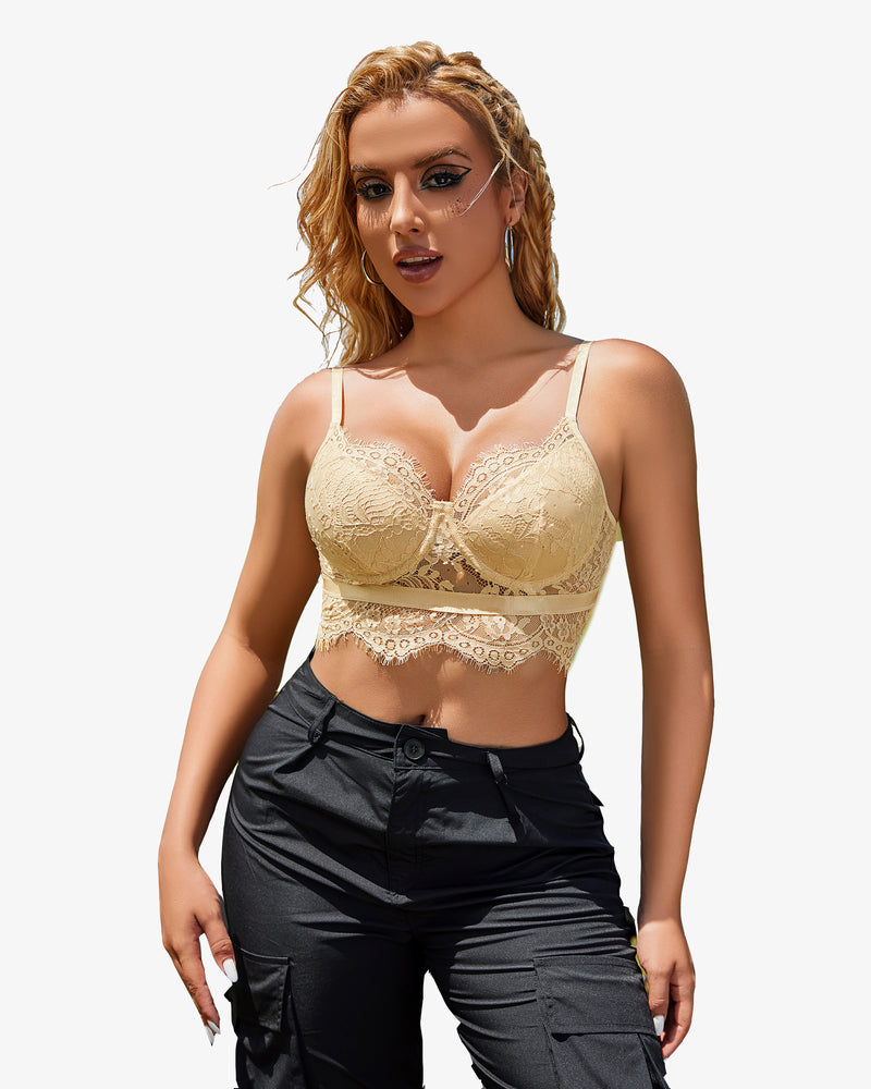 Beige lace bustier corset cami top with V-neck cups and scalloped lace trim