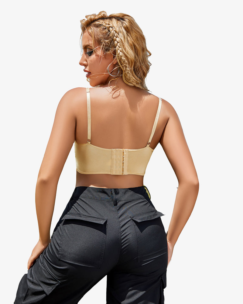 Beige lace bustier corset cami top back view with lace-up style closure and straps