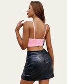 Pink lace bustier corset cami top with open back straps and lace underbust band