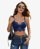 Blue lace bustier corset cami top with V-neck cups and scalloped underbust lace