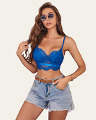 Blue lace bustier corset V-neck cami top with underwire cups and scalloped lace edging