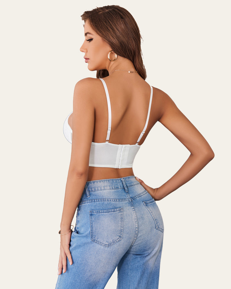 White lace bustier corset cami top with open back straps and lace underbust band