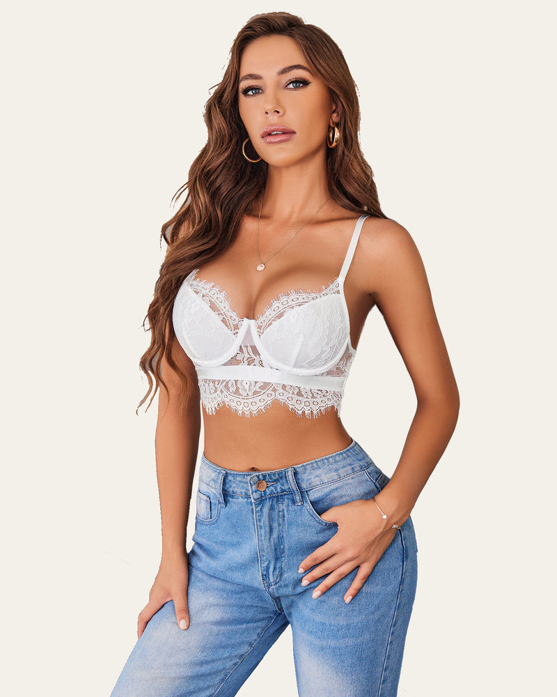 White lace V-neck bustier cami top with underwire cups and scalloped trim