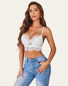 White lace V-neck bustier cami top with underwire cups and scalloped trim