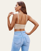 Beige lace bustier cami top, racer-back straps with clasp closure