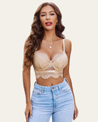 Beige lace V-neck bustier cami top with underwire cups and lace trim