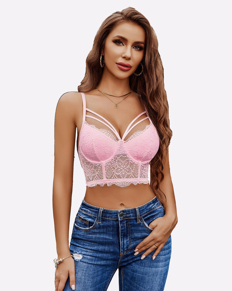 Pink push-up bustier bralette, lace balconette cups and scalloped hem
