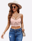 Pink push-up bustier bralette with lace cups, V neckline, and scalloped trim