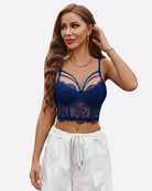 Dark blue push-up bustier bralette, lace underband and sheer mesh center band