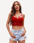 Red two-layer push-up bustier bralette with scalloped lace trim and underwire cups