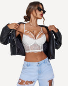 Two-layer push-up bustier bralette in white lace, front view with underwire cups