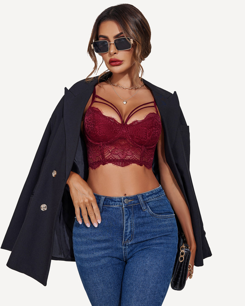 Two-layer push-up bustier bralette in wine red lace with underwire cups and thin straps