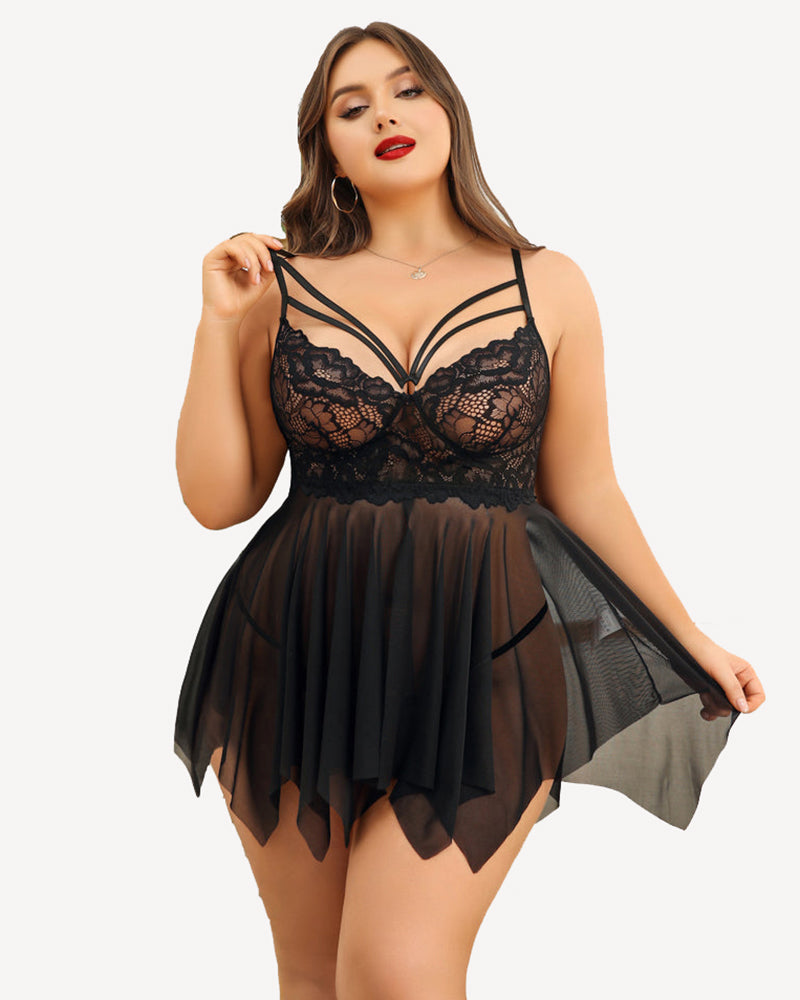 Black lace babydoll nightgown with V-neck straps and sheer pleated skirt.