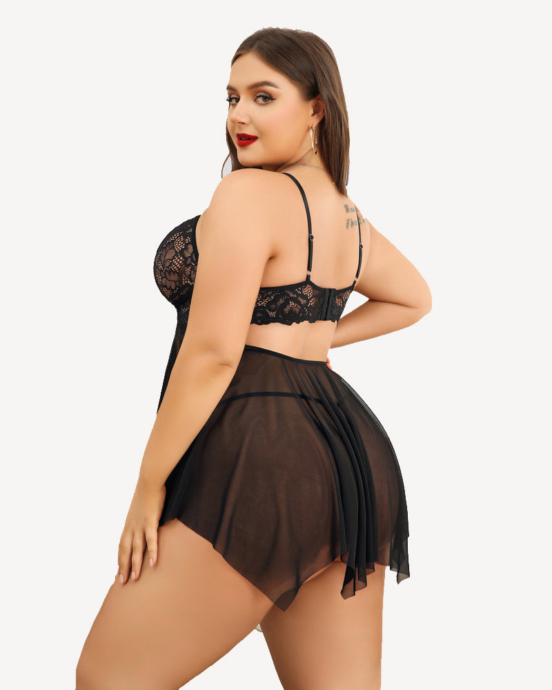 Black lace babydoll nightgown back view with strappy bra top and sheer pleated skirt.