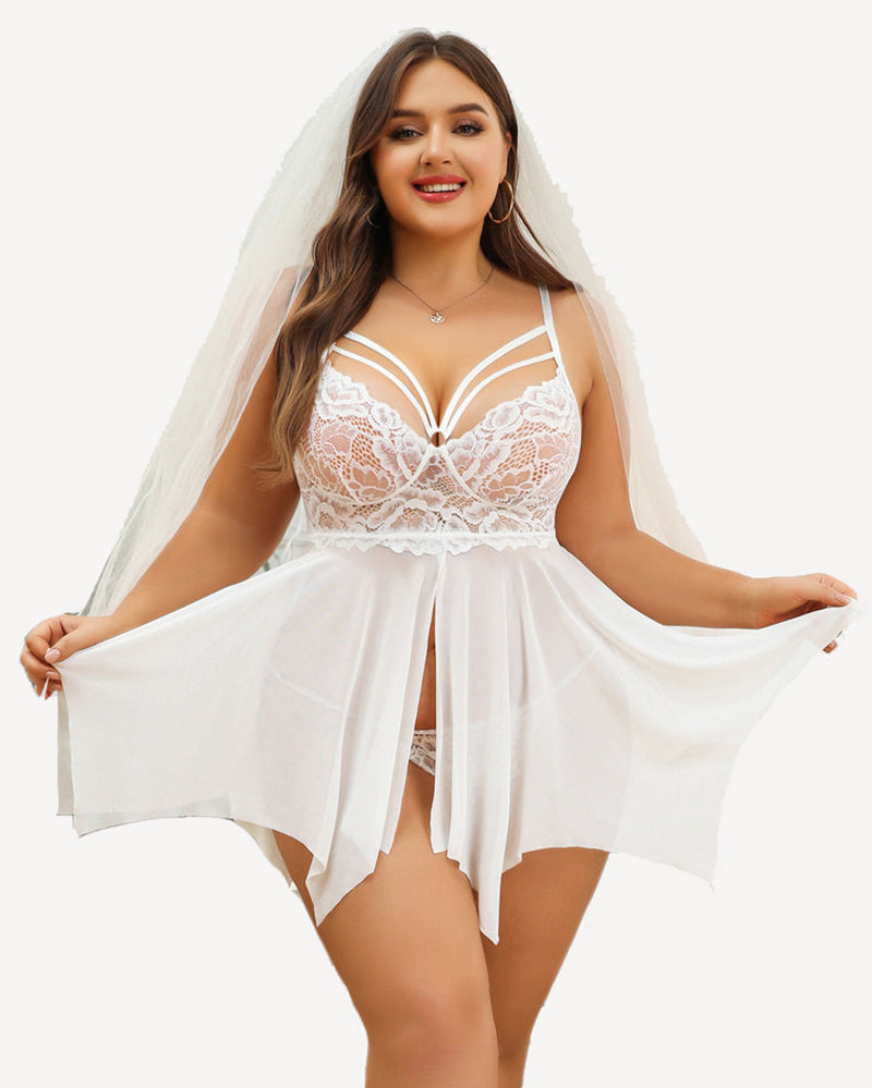White bridal lace babydoll nightgown with V-neck straps and flared pleated skirt.