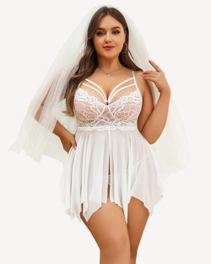 White bridal lace babydoll nightgown with lace bust, V-neck straps, and pleated skirt.