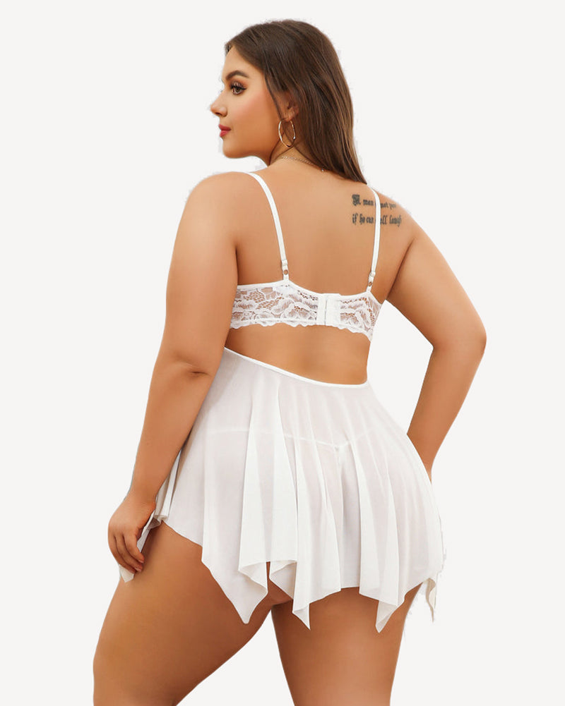 White bridal lace babydoll nightgown back view with lace bra top and pleated skirt.