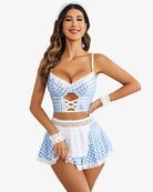 Blue gingham maid costume set with white lace trim, corset-style top, and apron skirt