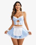 Blue gingham maid costume set with white lace trim, crisscross front, and short apron skirt