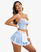 Blue gingham maid costume set with white lace trim, lace-up front, and ruffled short skirt