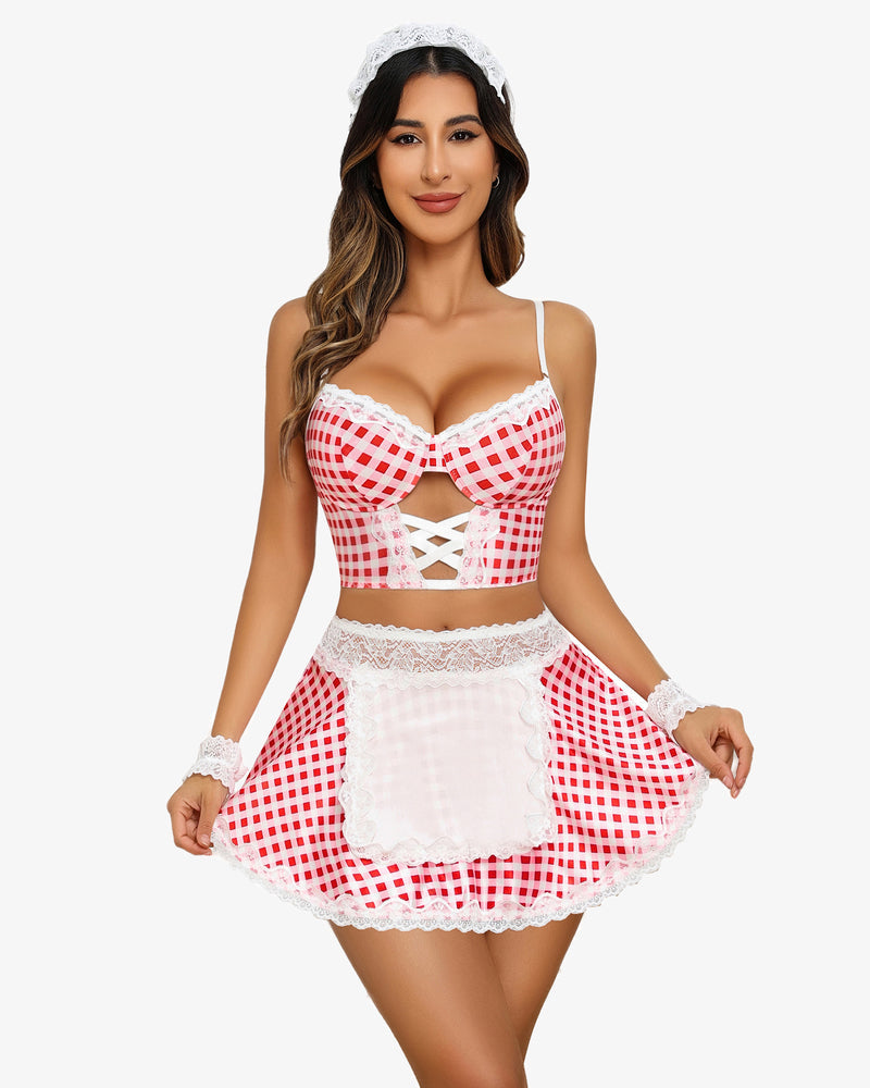 Red gingham lace maid costume set with bow chest and flared skirt panel and cuffs