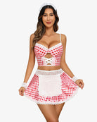 Red gingham lace maid costume set with bow chest and flared skirt panel and cuffs