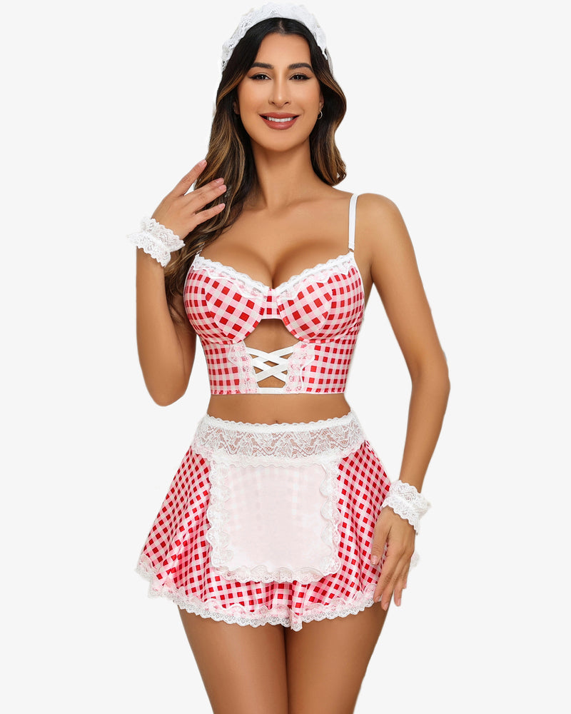 Red gingham maid costume set with white lace trim, lace-up front, and short apron skirt