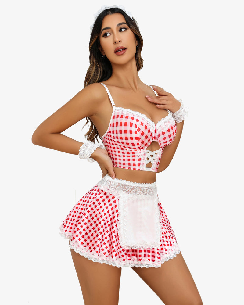 Red gingham maid costume set with white lace trim, corset top, and ruffled short skirt