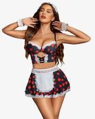 Lace-trim maid costume set in black with red heart print, white trim, bra, skirt, cuffs