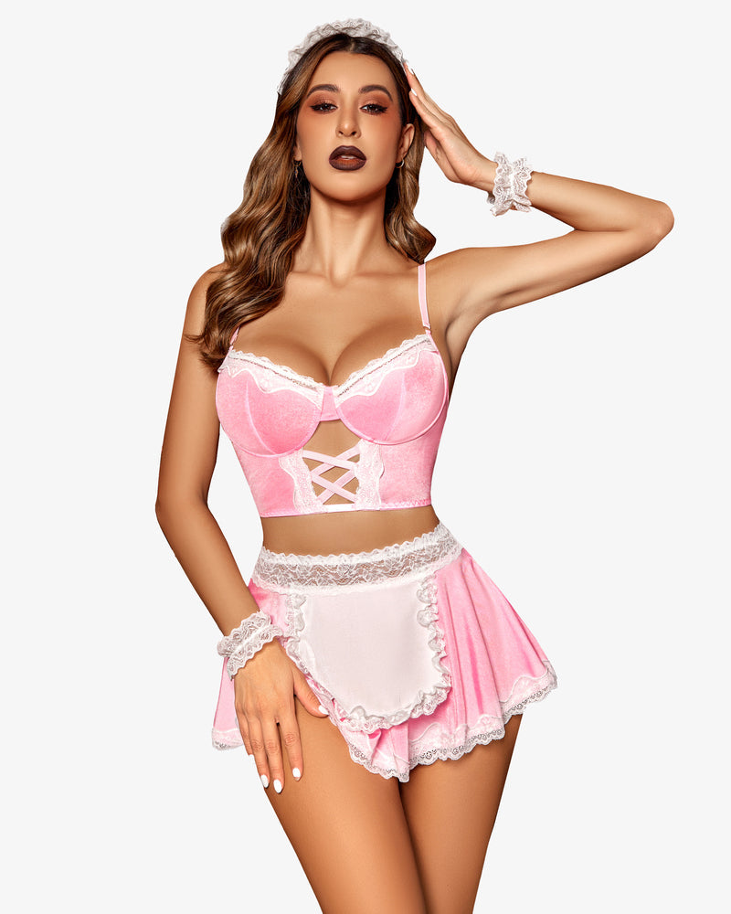 Pink lace maid costume set, corset-style bra and flared mini skirt with white lace trim