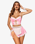 Pink lace maid costume set, corset-style bra and flared mini skirt with white lace trim