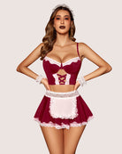 Burgundy and white lace maid costume set with corset-style bodice, flared skirt, headband