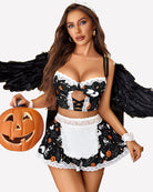Lace-trim maid costume set in black Halloween print with white lace bra and flared skirt