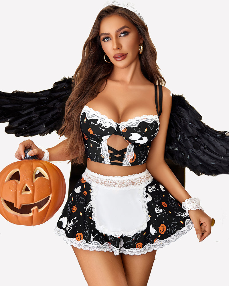 Lace-trim maid costume set in black Halloween print with white lace bra and flared skirt