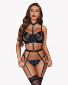 Black embroidered lace bra and panty set with lace-up garter straps and choker