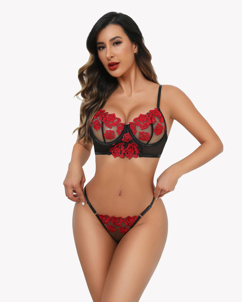 Black embroidered lace bra and panty set with red floral applique and lace panties