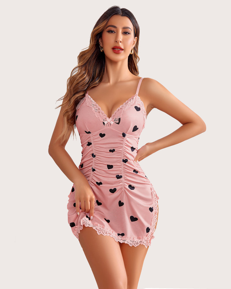 Pink heart ruched chemise with lace trim and spaghetti straps