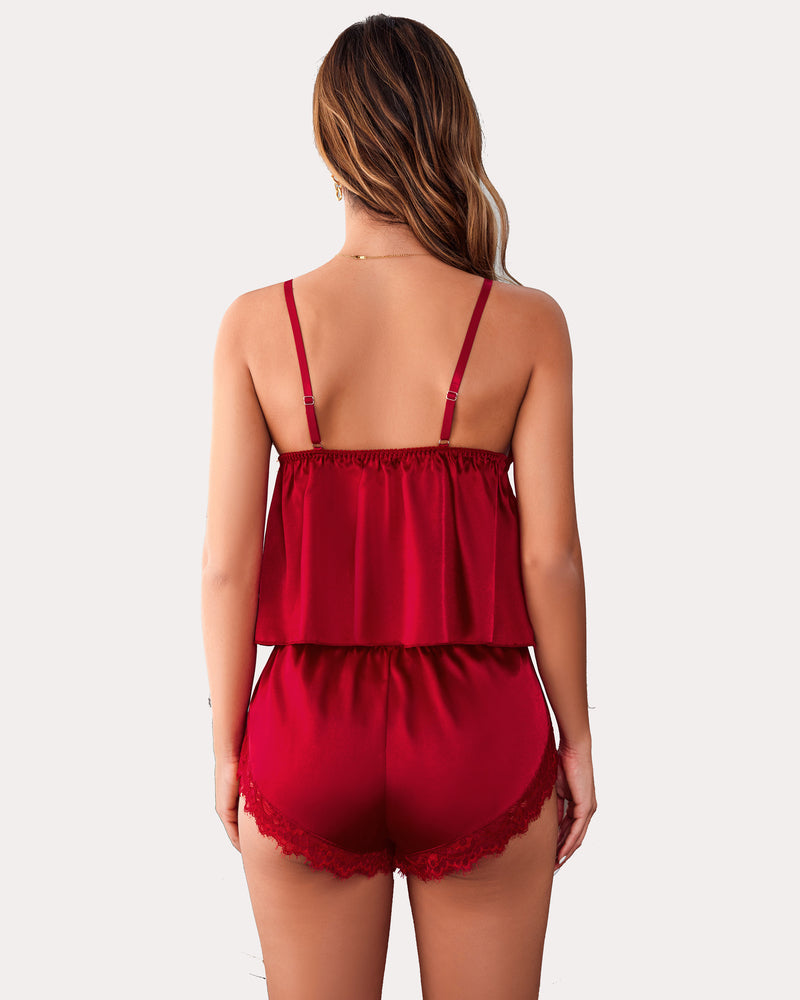 Wine red 2-piece silk pajama set, back view of cami top and lace-trim shorts