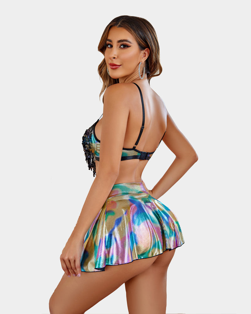 Iridescent sequin fringe bralette and matching metallic pleated mini skirt set