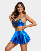 Blue sequin fringe bra and matching blue metallic skater mini skirt costume set