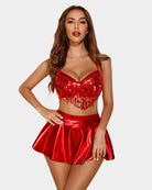 Red sequin fringe bra and matching shiny red skater mini skirt costume set